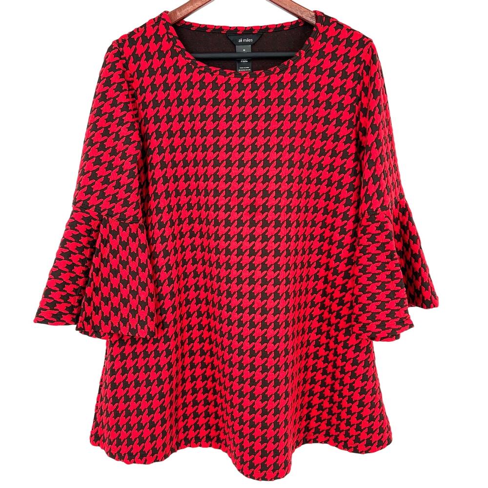 Ali Miles Medium Red Black Houndstooth Wearable Art Blouse Shirt Top Christmas